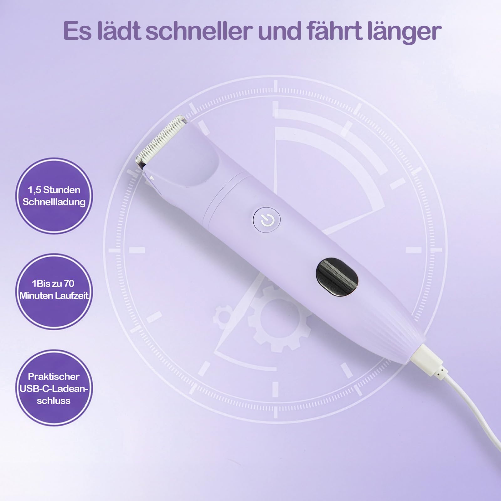3-in-1 Damenrasierer Elektrisch, Gesicht, Achseln, Beine & Bikinizone, Körpertrimmer & Intimrasierer mit 3 austauschbaren Klingen, LCD-Display, IPX7 wasserdicht, USB aufladbar (Lila)