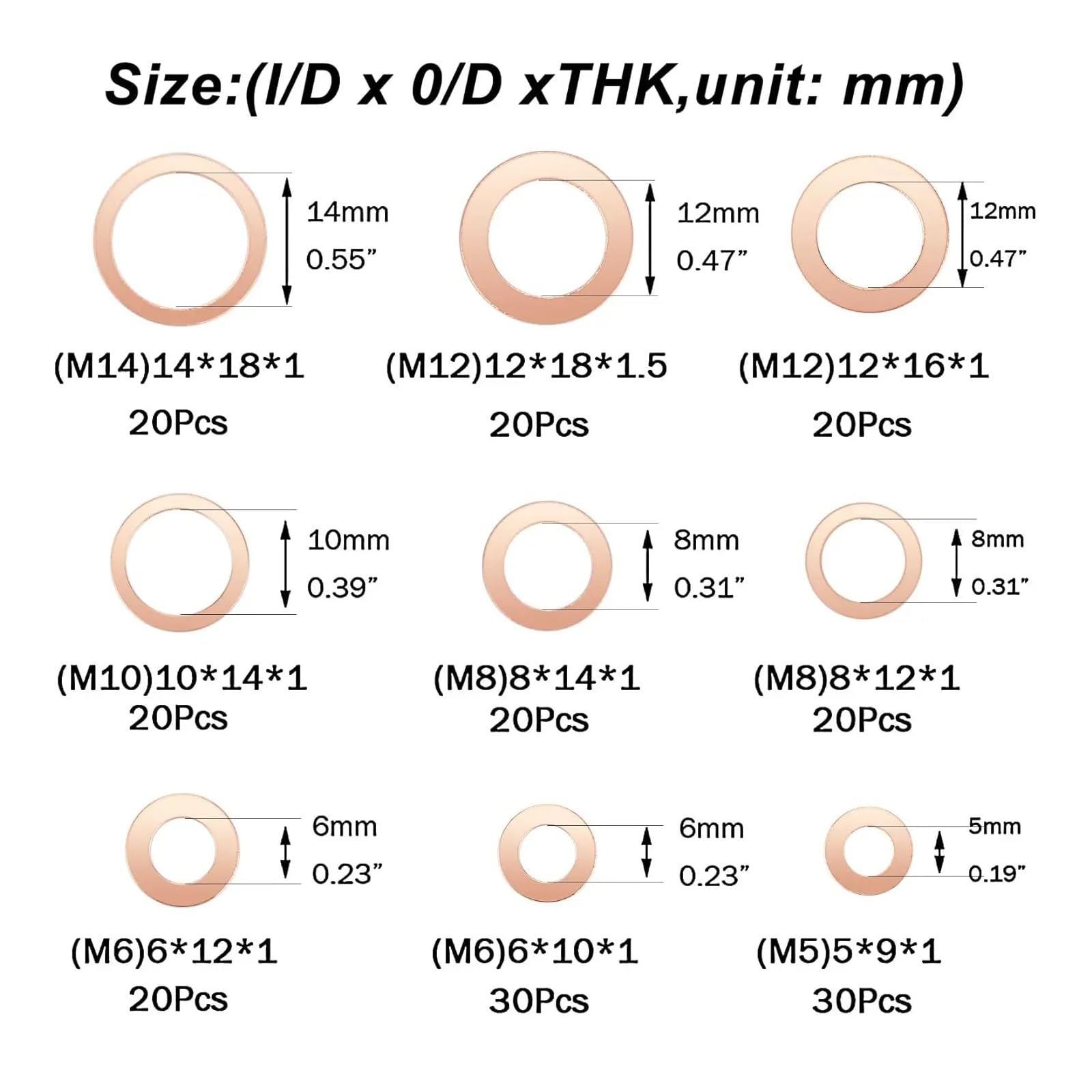 Flat Kupfer Unterlegscheibe 200-teiliges Set mit flachen Kupferscheiben