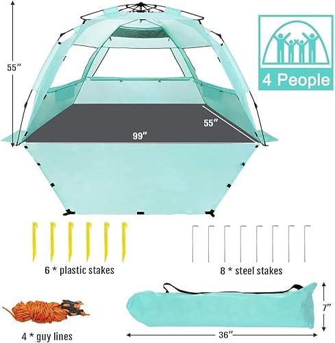 Miniatura 6 de WhiteFang Tienda de campaña de playa desplegable de lujo XL para 3 a 4 personas, protección UV, suelo extensible con 3 ventanas de ventilación más