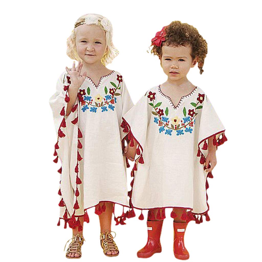Moent Kimono de lino con borla de flores para niños y niñas, para cubrir la playa, trajes de kaftan, vacaciones de verano, casual, para cubrir las niñas