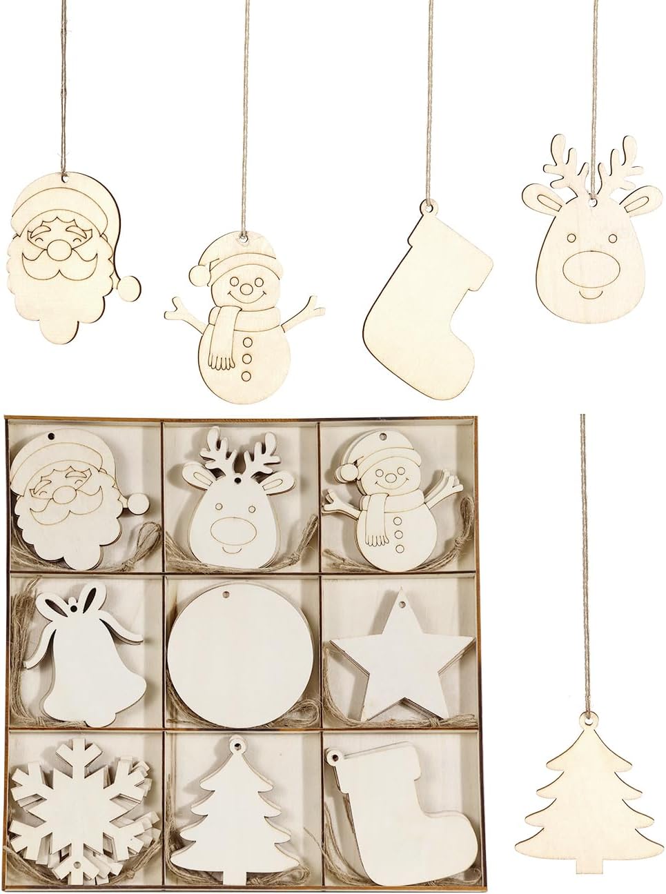 Wohohoho 45Pcs Unfinished Paintable Blank Wooden Christmas Ornaments with Tray, 9 Designs DIY Predrilled Wood Ornaments for Crafts. Christmas Tree Hanging Decorations Xmas Art Birthday Gift for Kids