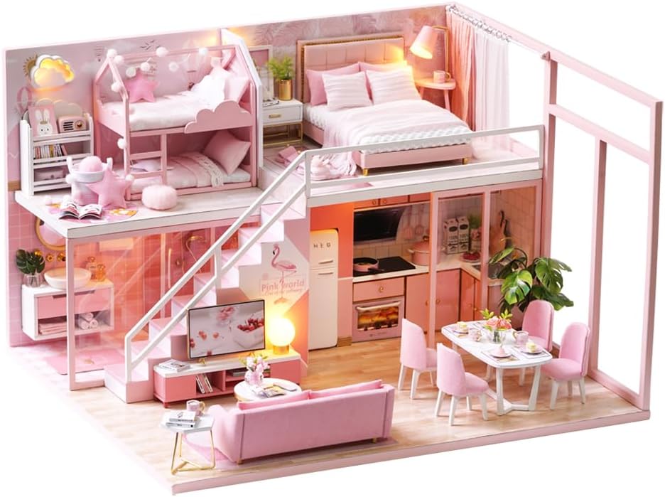TuKIIE DIY Miniature Dollhouse Kit with Furniture, 1:24 Scale Creative Room Mini Wooden Doll House Accessories Plus Dust Proof & Music Movement for Kids Teens Adults(Satisfied Time)