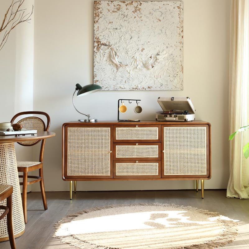 Buffet Cabinet Wooden Sideboard Home Bedroom Storage Cabinet Nordic Drawer Rattan Multi-functional Retro Buffet Cabinet with Storage