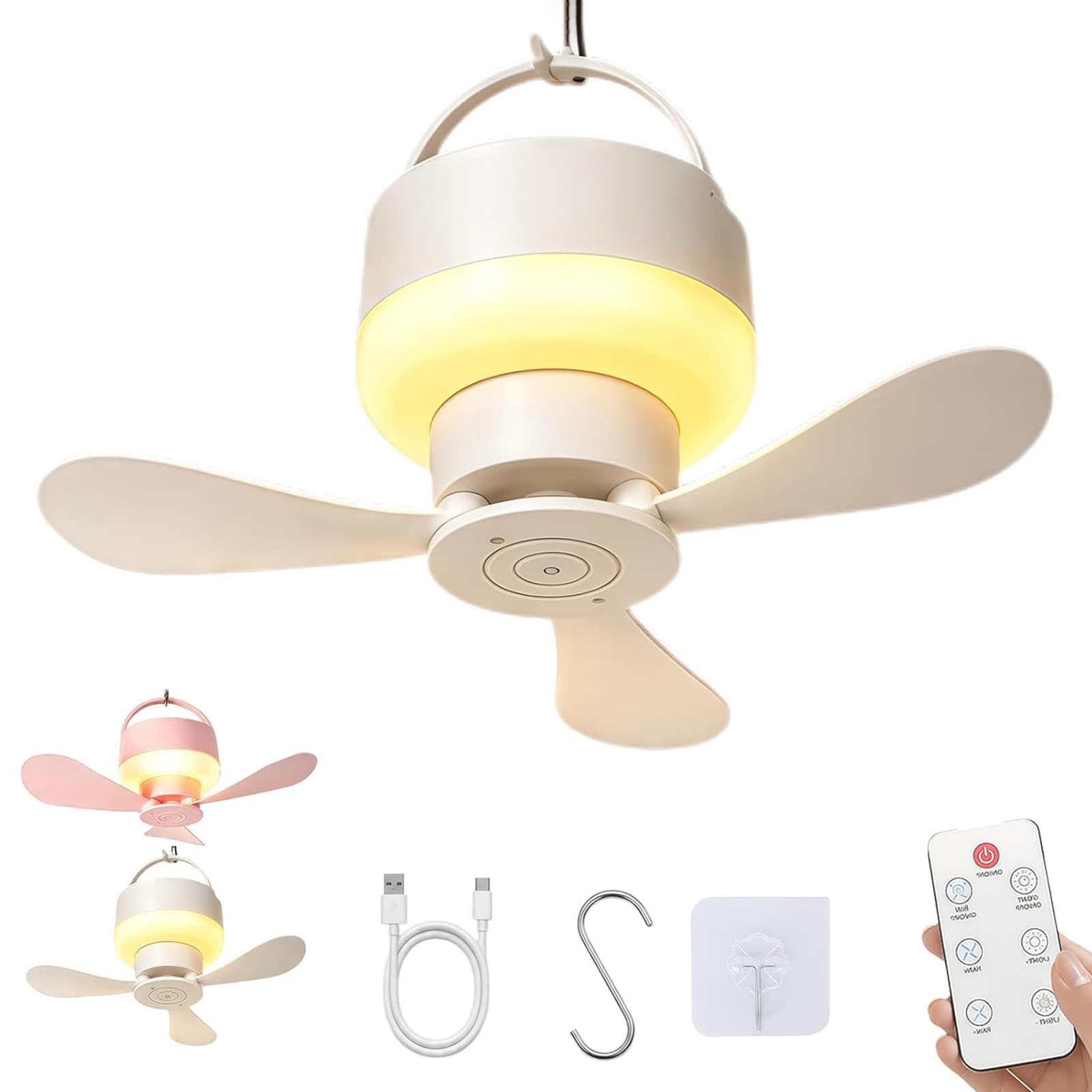 Portable Rechargeable Hanging Fan Light for Indoor & Outdoor Use, Camping Fan with LED Lantern & Remote, 5-Speed Fan, 3-Level Brightness, Ceiling Fan Light with Hanging Hook for Home Patio (White)