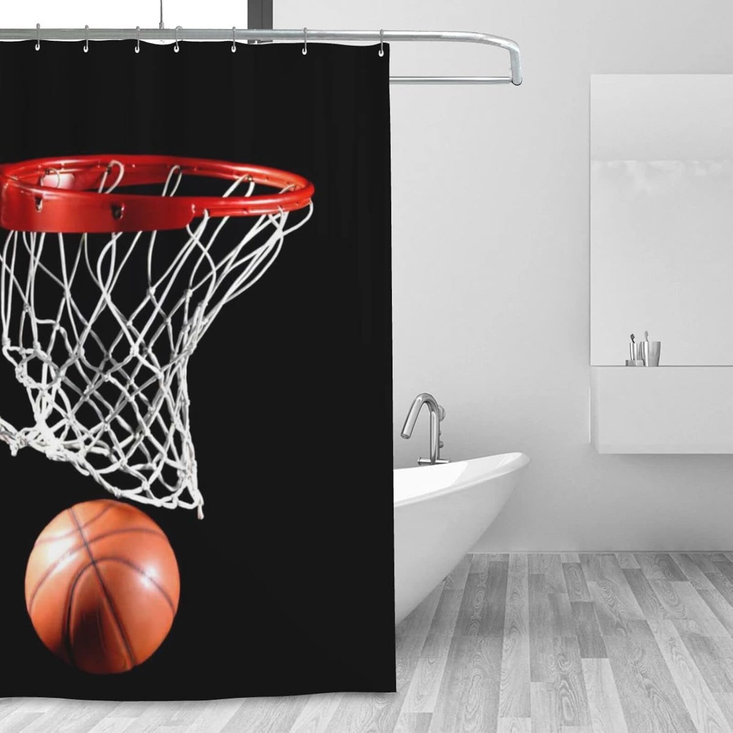 Basketball Shower Curtain, Boys Sports Shower Curtain for Bathroom, Basketball Hoop Modern Black Polyester Cloth Print Shower Curtain 72x72 Inch