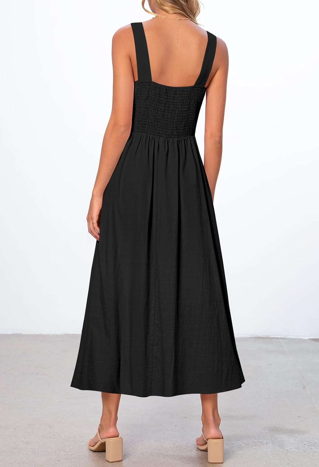 MEROKEETY Women's 2026 Summer Sleeveless Midi Dress Square Neck Smocked Flowy A Line Beach Dresses - Image 3