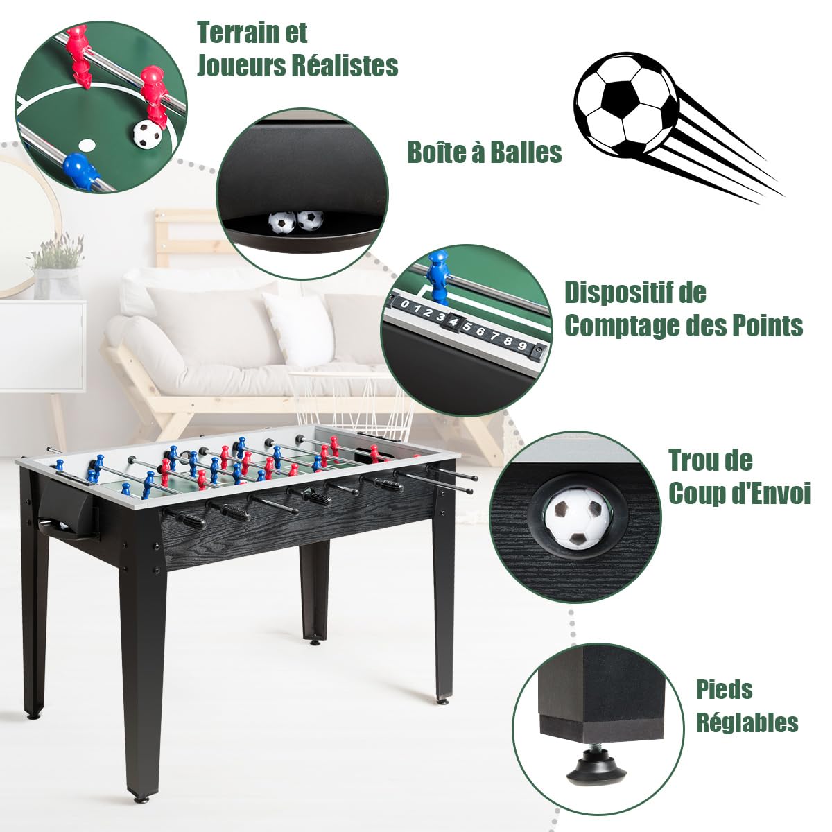 COSTWAY Table de Baby-Foot avec 26 Joueurs & 2 Mini Ballons de Football, Table de Jeu avec Pieds Réglables & Marqueur, Jouet d'arcade pour Adulte et Enfant pour Fête Bar Salle de Jeux
