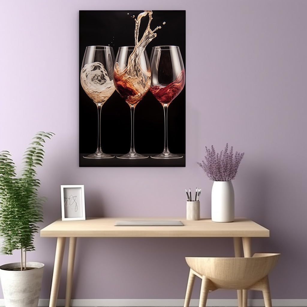 Canvas for Living room. Vivacious Vintages: A Dynamic Trio of Wine Glasses Caught in Motion, 27 x 18 inch Canvas Wall Art - Ready to Hang