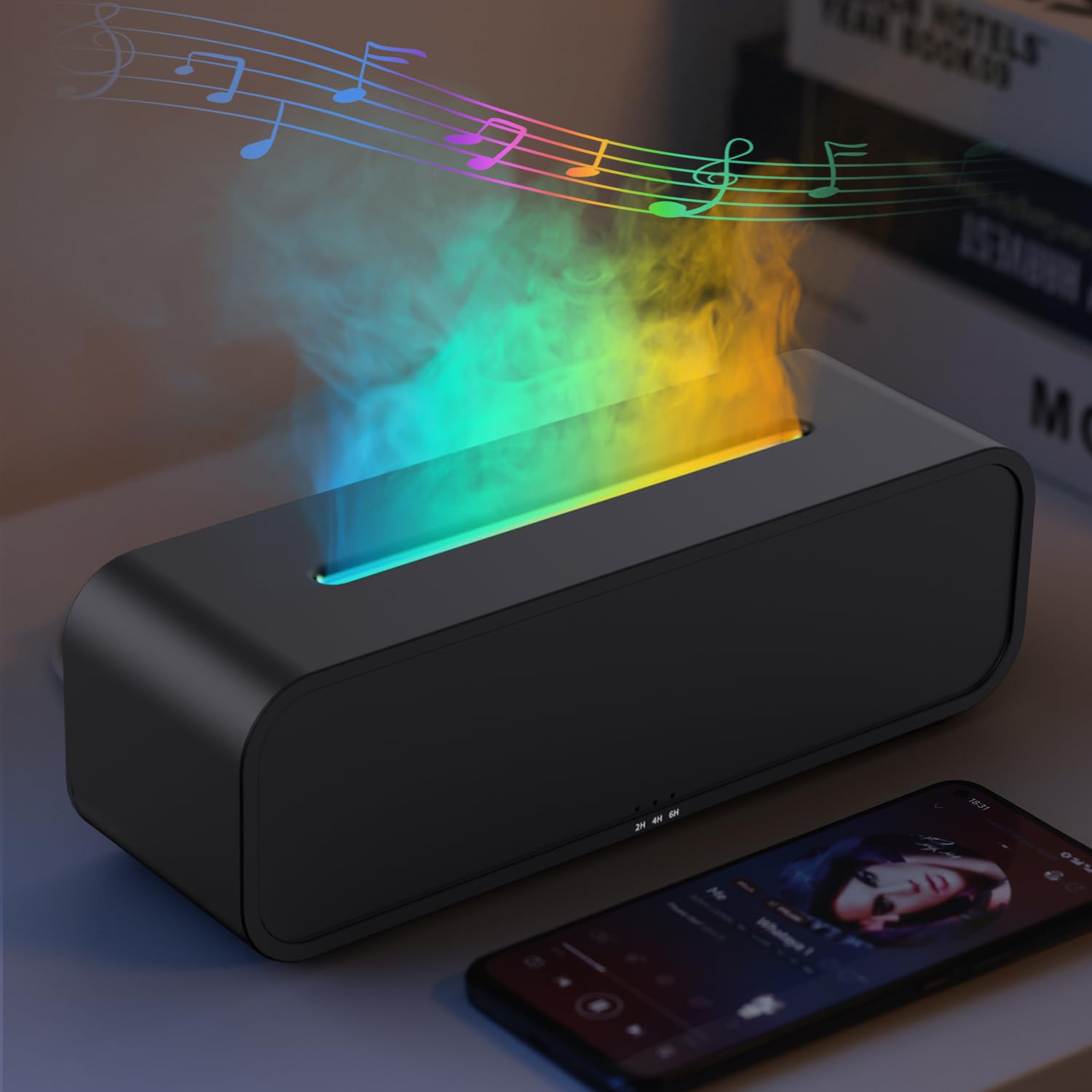 Difusor de Óleo Essencial com Sincronização de Música, Aromaterapia com Efeito Chama, Umidificador de 250ml, Controle Remoto e Luz de 7 Cores para Criação de Ambientes Perfeitos