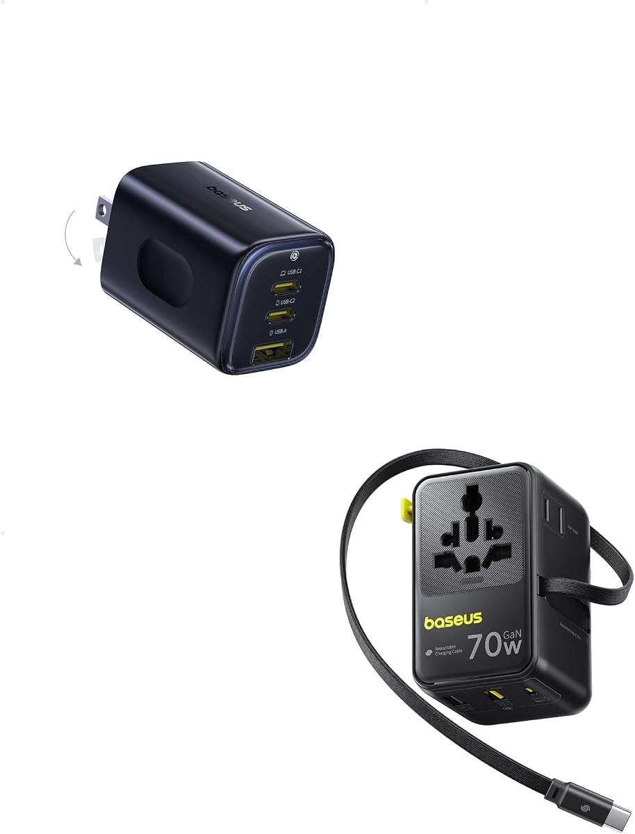 Adaptador de viaje universal de 70 W con cable retráctil y cargador USB C Baseus PICOGO de 67 W, bloque de carga rápida de 3 puertos con enchufe plegable