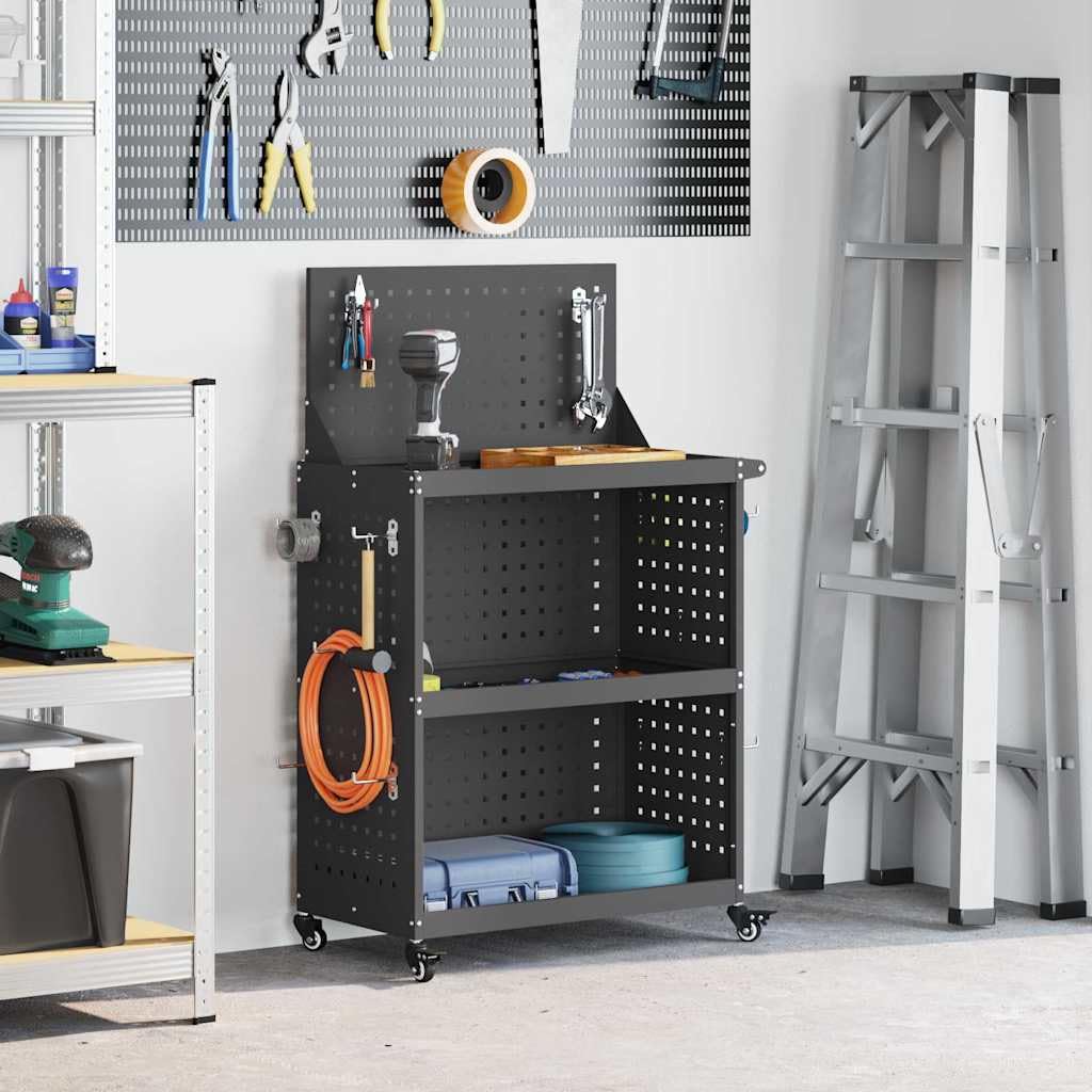 Carrello portautensili nero in acciaio laminato a freddo, 65 x 35 x 111 cm, con 12 ganci e 3 ripiani, carrello mobile per officina e garage, efficiente sistema di conservazione e