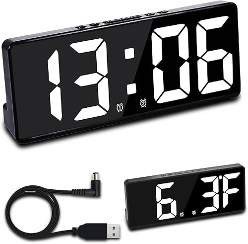 SAVTON Reloj despertador, relojes despertadores para dormitorios, termómetro de número grande para casa, 5 brillo regulable, pantalla de termómetro