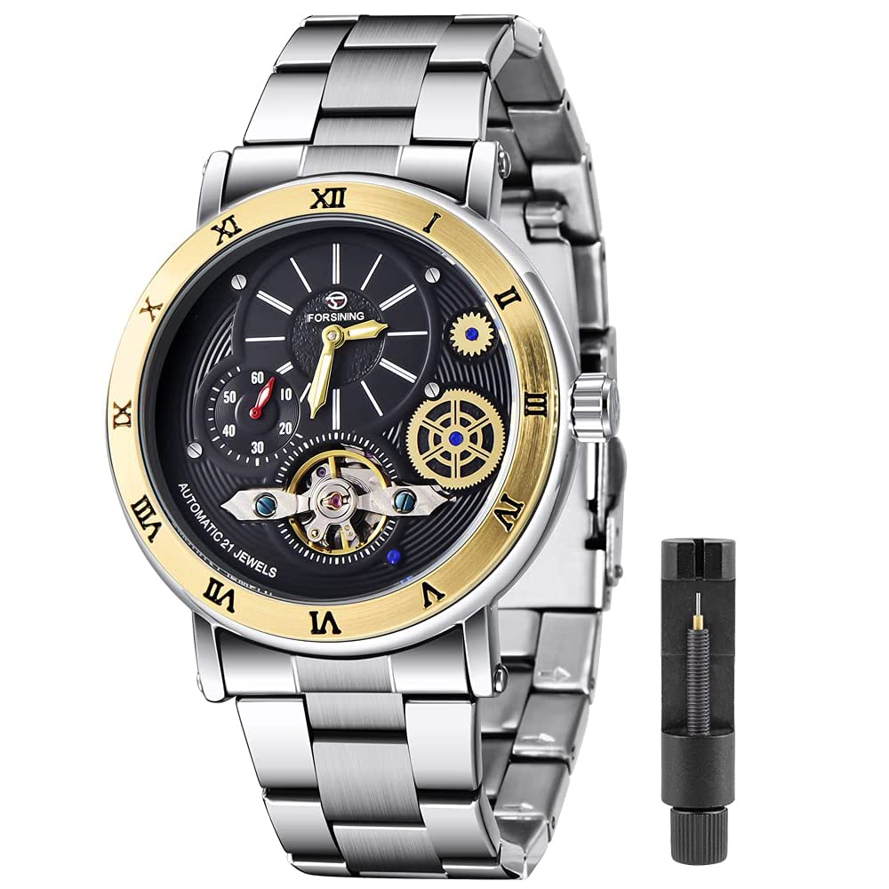 Tiong Mens Watch Luxury Skeleton Mechanical Stainless Steel Waterproof Black Automatic Self-Winding Wrist Watches for Men