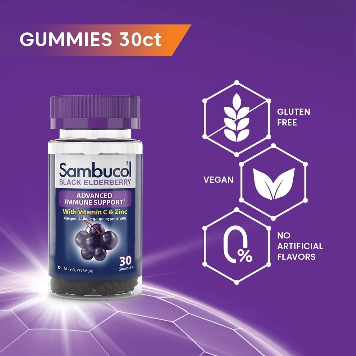Sambucol Black Elderberry Gummies with Vitamin C & Zinc - Sambucus Elderberry Gummies for Immune Support, High Antioxidants, Gluten Free, Vegan, Elderberry with Zinc & Vitamin C - 30 Count, 2 Pack