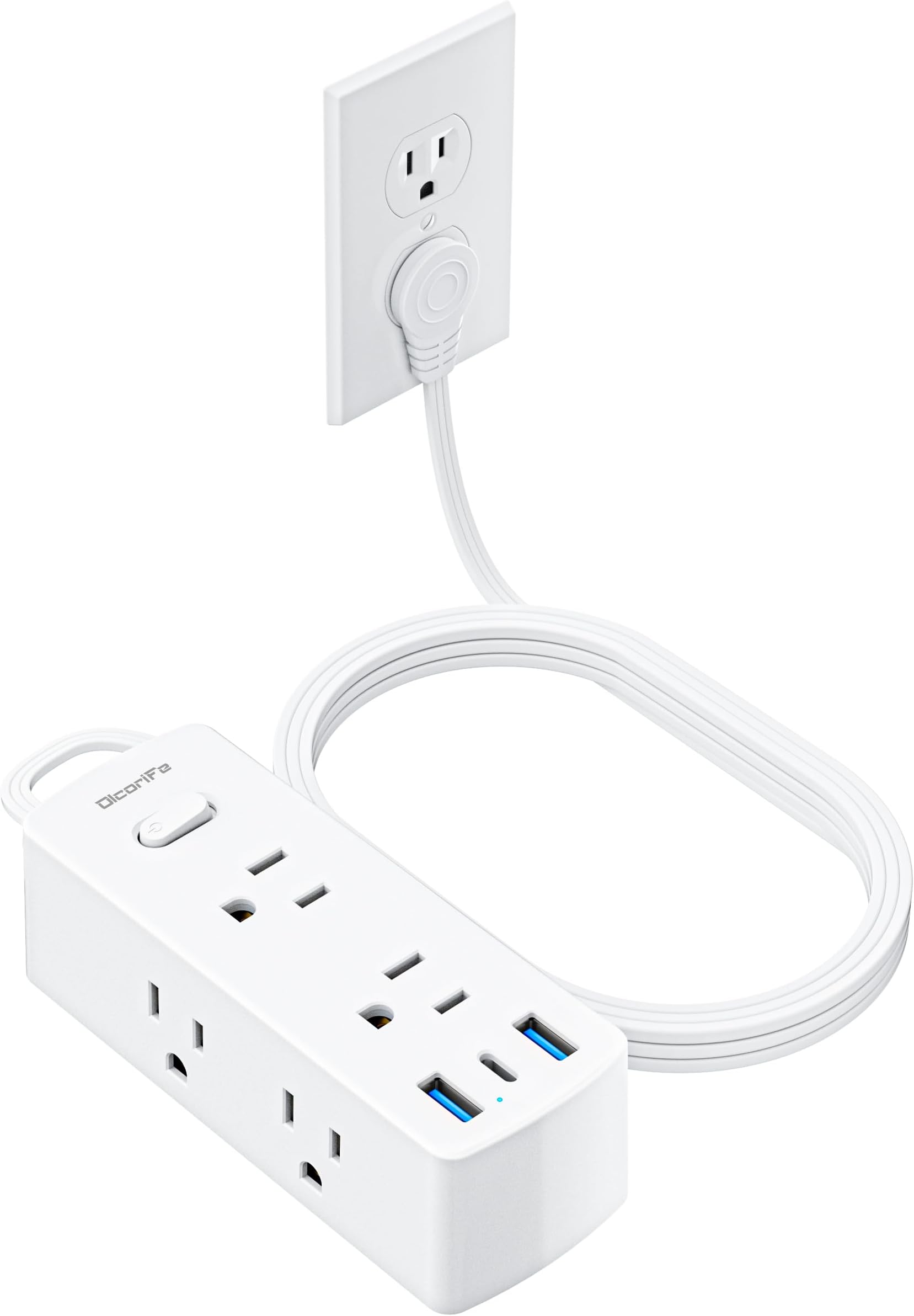 Power Strip Surge Protector, Olcorife Ultra Thin Flat Plug Extension Cord 5ft, 6 Outlets 3 USB Ports(1 USB C), 3 Sided Outlet Extender for Home Office Travel Dorm Room Essentials, White