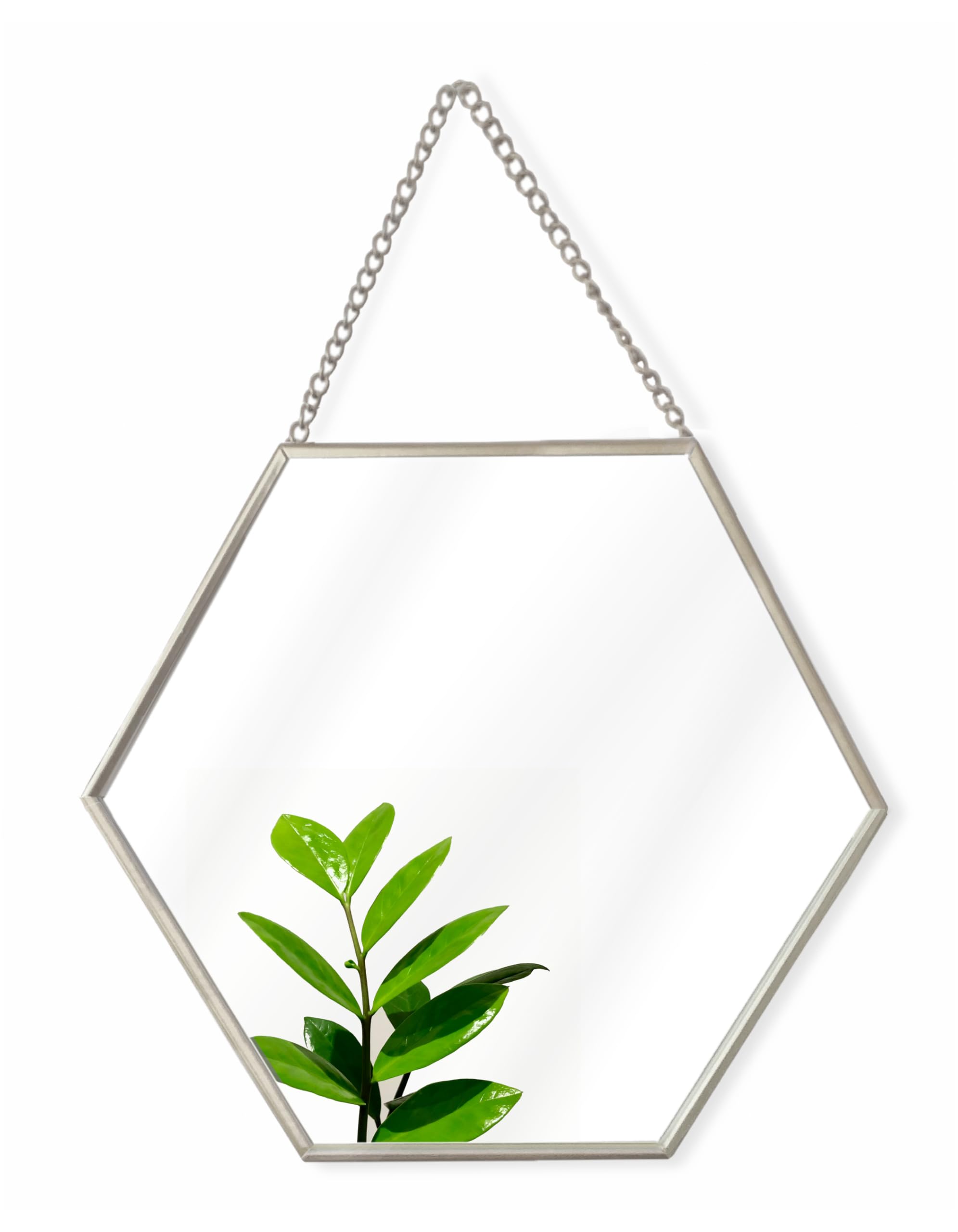GreyZouq Hexagon Hanging Wall Mirror 24 centimetres with Metal Rim and Chain - Modern Home Decor Accent - Perfect for Living Room, Hallway, Bathroom or Bedroom (Silver)