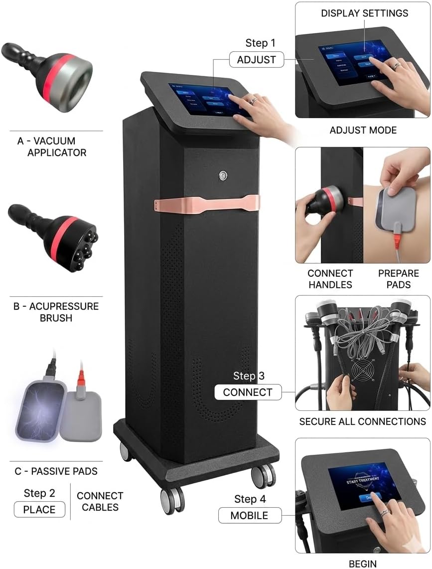 Standing Multi-Function Beauty Equipment with Vacuum Handle, Pads Kit, Dual Wrap Accessories, Console Display System for Studio Use