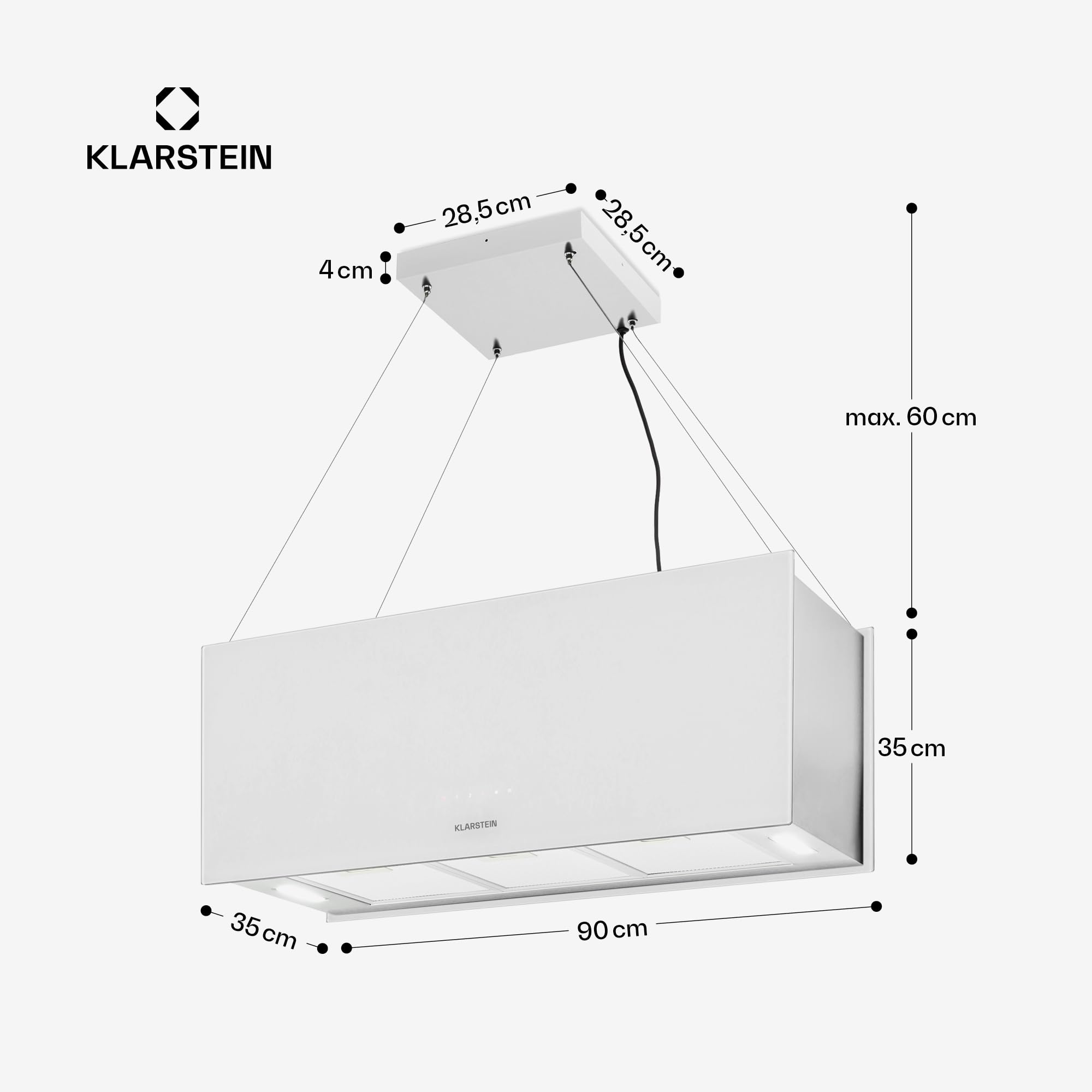 Klarstein Okap kuchenny, Okap wyspowy wiszący, wyciągowy/z recyrkulacją do montażu sufitowego, z 3 biegami, Timer, Przepływ 577m³/h i filtr węglowy, wyspowy sufitowy