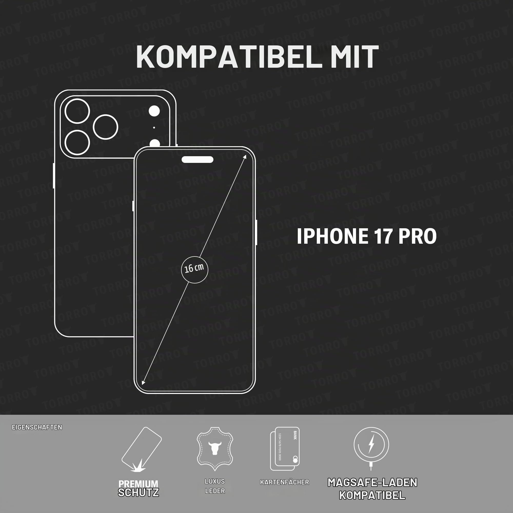 TORRO Klapphulle kompatibel mit iPhone 17 Pro 6.3” 2025 – Premium Leder Hulle mit Kartenfächern (kompatibel mit Offiziellen MagSafe-Ladegeräten - Schwarz