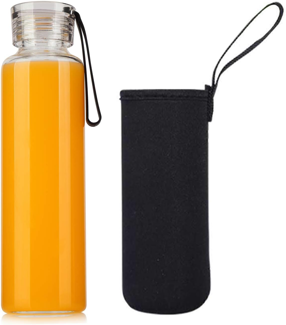 COMIReusable Glass Water Bottle Good for Juice & Beverages,Plastic Leak-Proof Caps with Silicone Carrying Loop,Include Individual Nylon Protection Sleeve,Better as a Gift,500ml/17oz