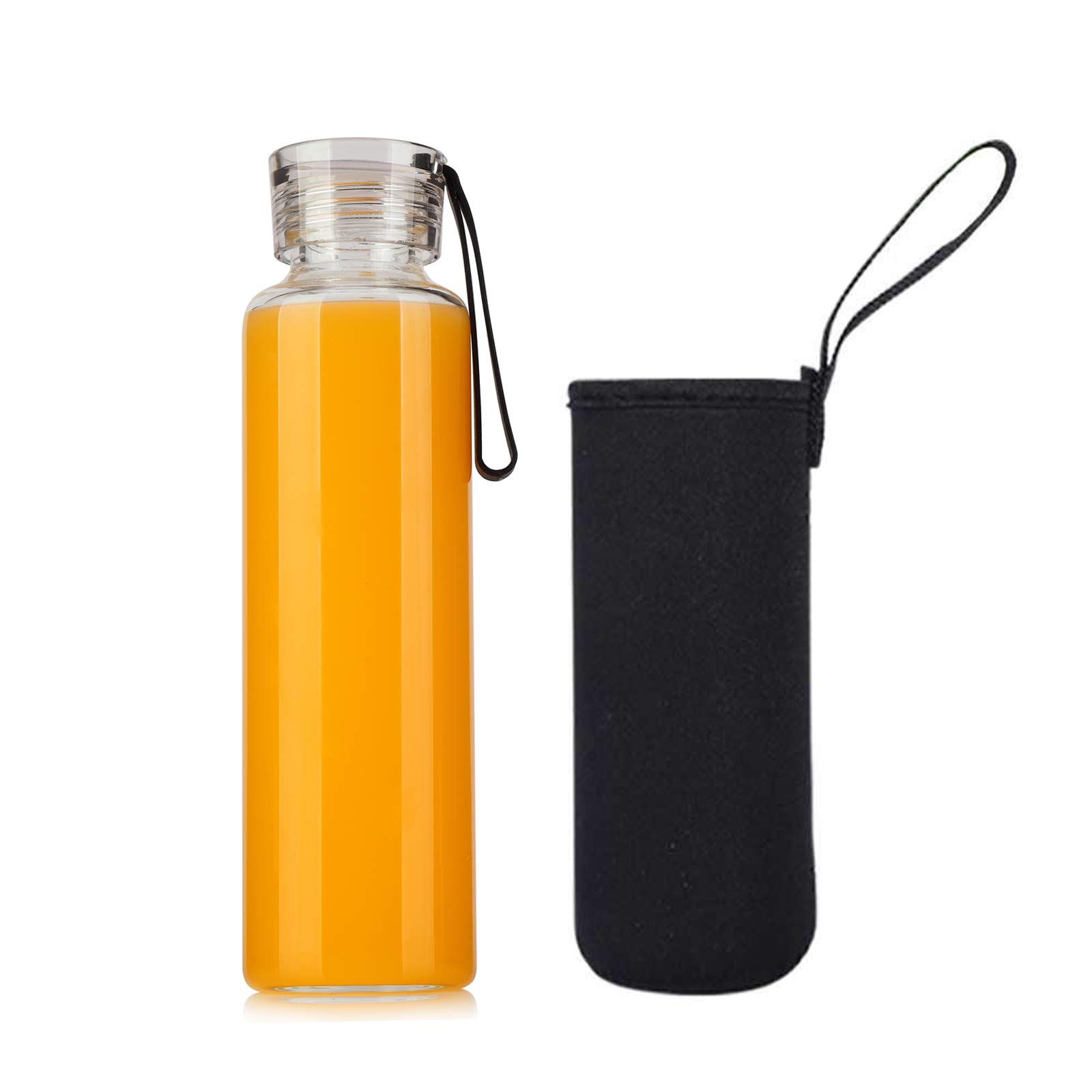 COMIReusable Glass Water Bottle Good for Juice & Beverages,Plastic Leak-Proof Caps with Silicone Carrying Loop,Include Individual Nylon Protection Sleeve,Better as a Gift,500ml/17oz