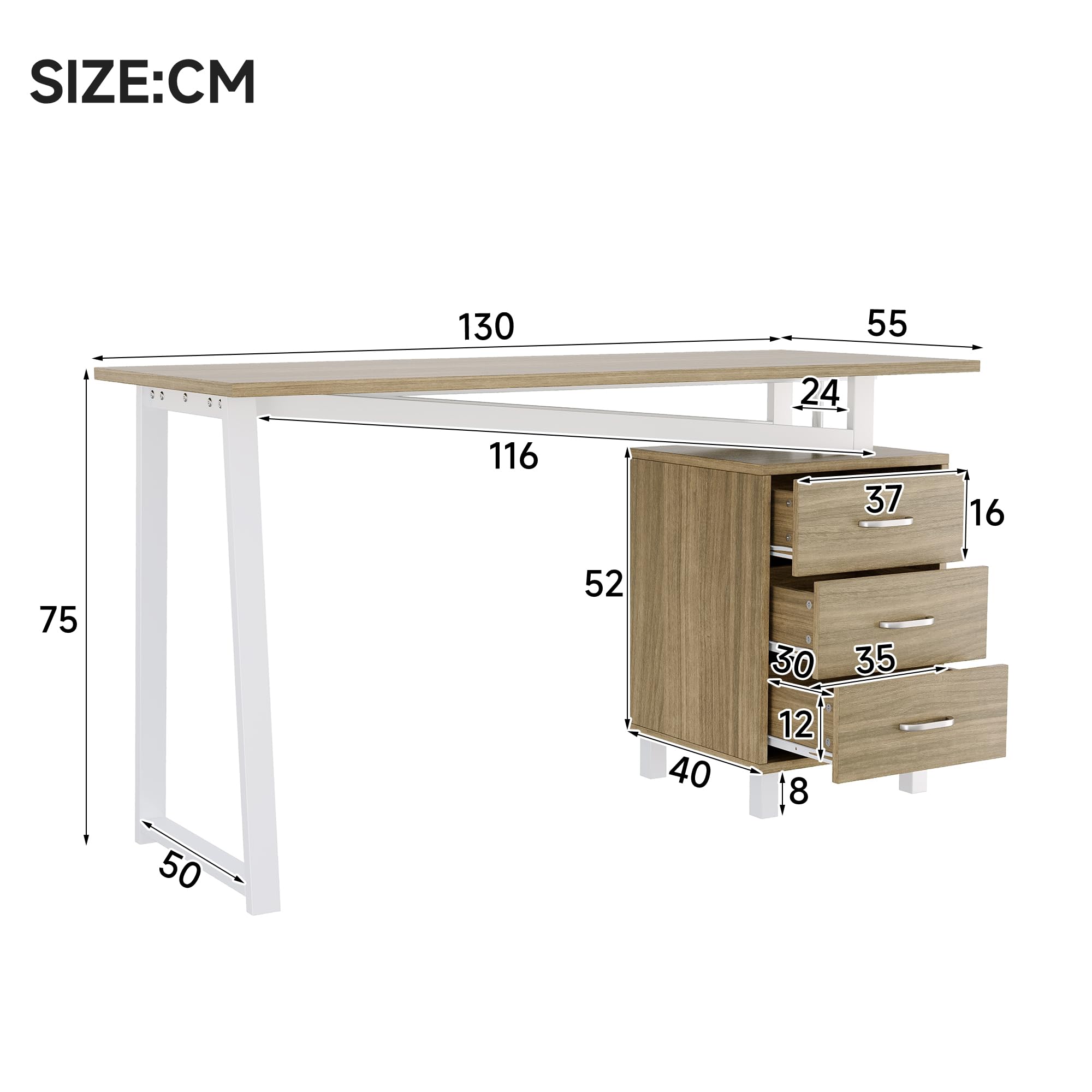 TIZZ Escritorio espacioso, 130 x 55 x 75 cm, con espacio de almacenamiento, material MDF de alta densidad, rieles de cajones de tres capas, puntales triangulares, fácil de montar y limpiar, madera