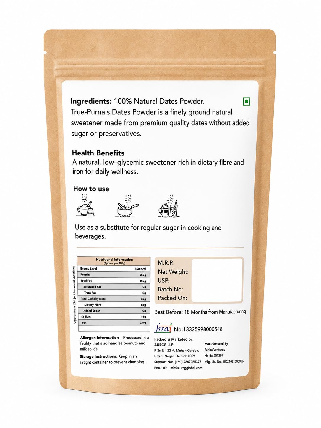 True-Purna Dates Powder 500g | Natural Sweetener Khajur Powder for Milk, Tea, Coffee & Baking | No Added Sugar | High Nutrition Mix
