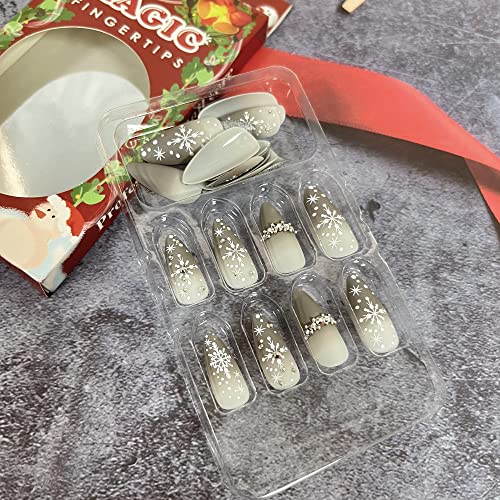 Christmas Almond Press On Nails Medium False Nails With Glue Full Cover Stick On Nails Matte Grey Snowflake Acrylic Nails With Rhinestones Winter Xmas Fake Nails Manicure Decorations For Women Girls #TOP3