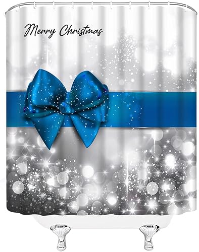 Miniatura 10 de YSATNSFT Cortina de ducha de Feliz Navidad, Año Nuevo, lazo púrpura, satén brillante, plateado, con estampado navideño, tela de decoración de baño,
