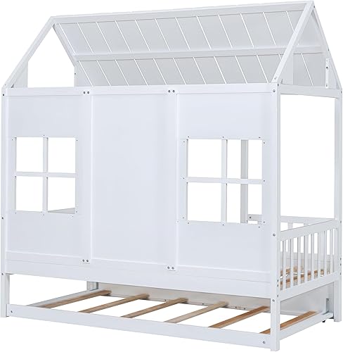 Miniatura 23 de Bellemave Full Size Kids House Bed with 2 Drawers & Storage Shelves, Wooden Montessori Bed Frame with Window and Roof, Kids Playhouse Tent Bed