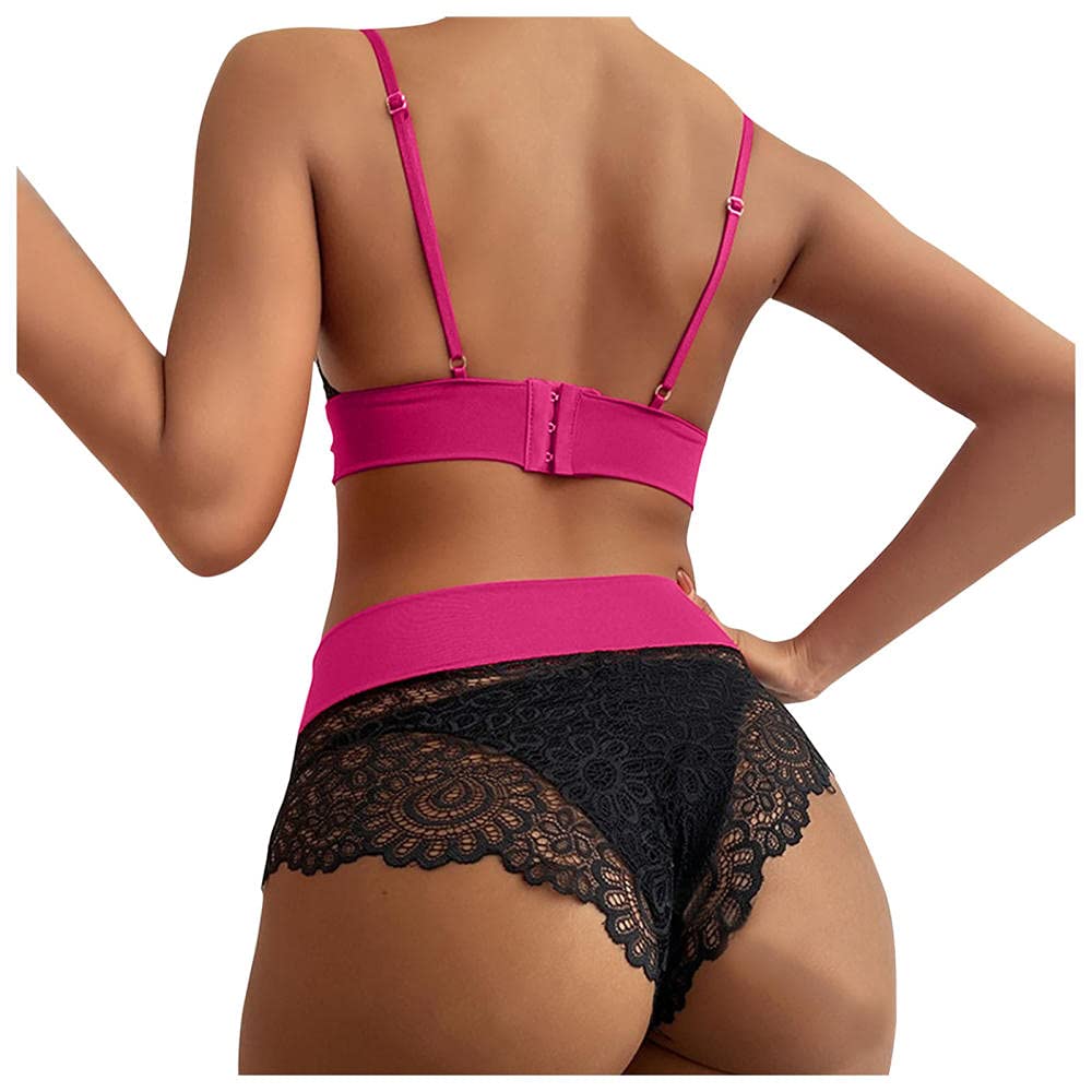 Conjunto de lencería con Sujetador de Encaje con Cuello en V y Lazo Sexy para Mujer