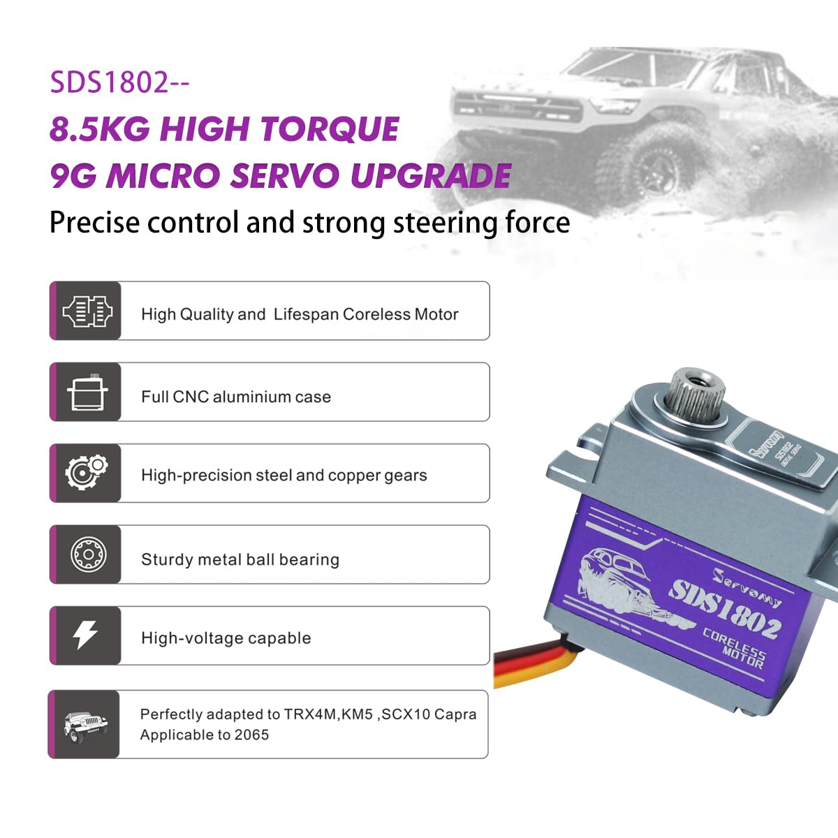 SDS1802 TRX4M Servo Aggiornamento - Servomotore RC Coreless ad alta coppia 8.4V 0.07S 180° IP67 impermeabile Full Metal Micro Servo per piccoli RC Crawler, Robot Modelli TRX