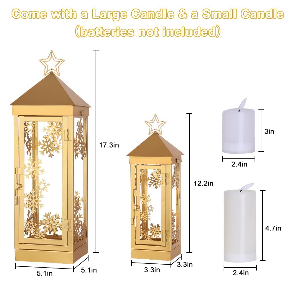 NEEDOMO Weihnachtsdekoration für Zuhause, dekorative Weihnachtslaterne, Innen- und Außenbereich, Metall-Kerzenhalter zum Aufhängen, mit Weihnachts-Schneeflocken, Sternen und LED-Kerze für