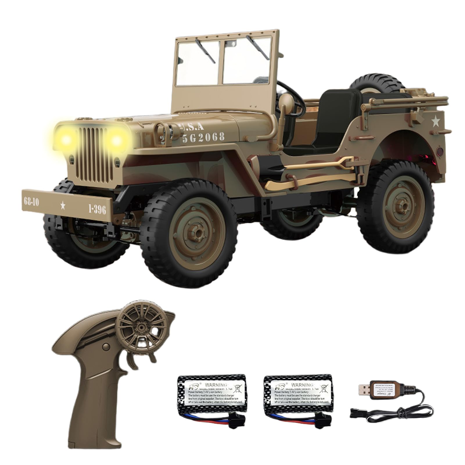 Hylukon 1/10 Scale Remote Control Car, 2.4Ghz Willys Off Road RC Jeep with Linked Lights, 4WD All Terrain Rock Crawler Military Truck Toy RTR Hobby RC Car for Teens Adults (2 Batteries)