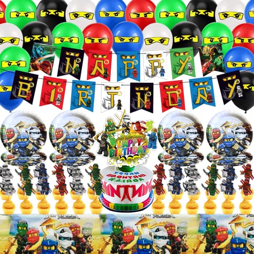 Ninja Birthday Party Supplies For 2-9Th Boys, Adventure Theme Cartoon Birthday Party Decorations Include Banner, Cake Topper, Cupcake Toppers, Plates, Tablecloth, Balloons, Ninja Birthday Party Decor For Kids #TOP6