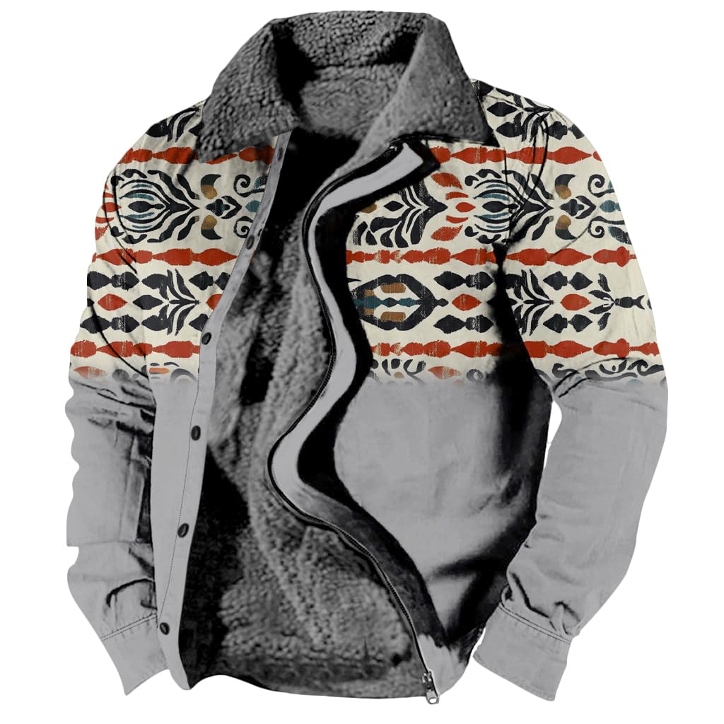 LOAIHA Mens Jacket Winter Mens Aztec Jacket Western Coats for Men Zipper Warm Fleece Lined Cowboy Coat Ethnic Vintage Jacket
