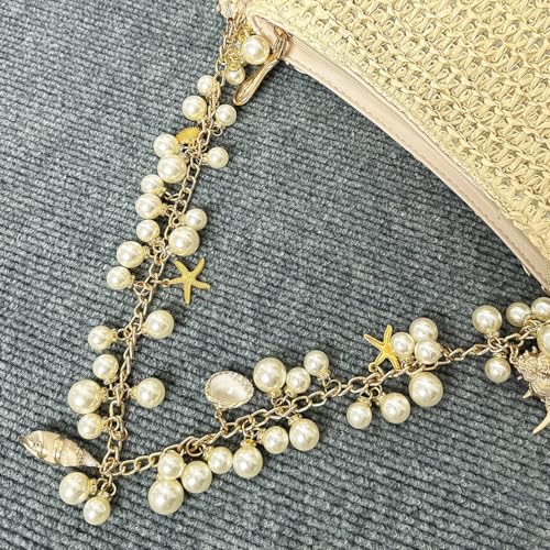 Image of Pearl Straw Clutch Purse for Women Summer Vacation Purses Beach Evening Bag Beaded Shell Handbag