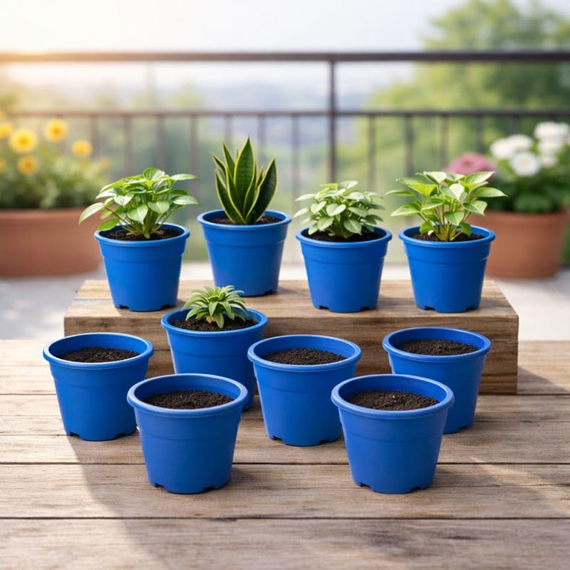 Image of Indian Gardens - 4 inch Indoor (Pack of 10) Plastic Small Colour pots | Plastic Plant Pot for Terrace Garden (Blue)