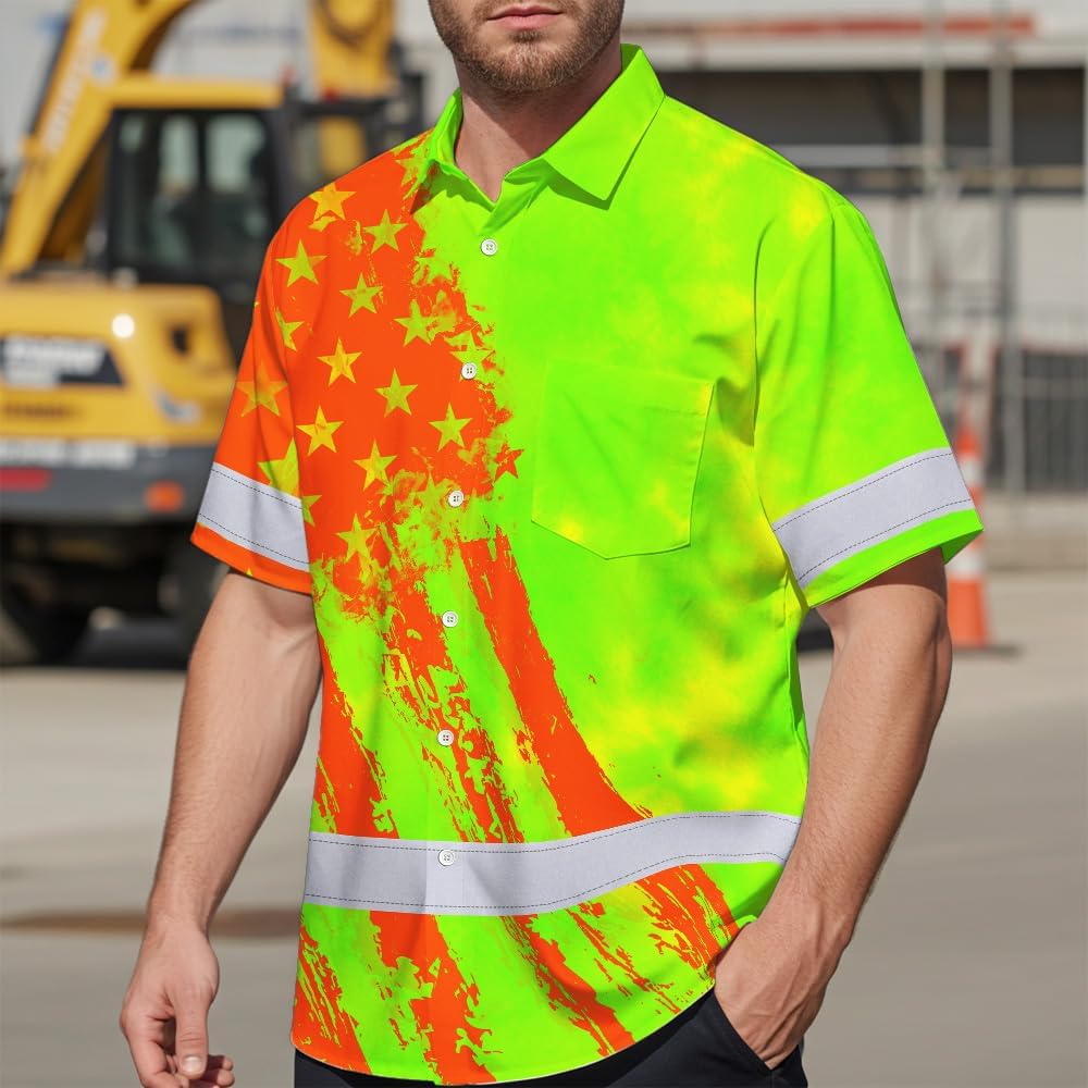 Flag High Visibility Shirt Hawaiian Shirts Custom Name Tropical Floral Reflective Safety Workwear