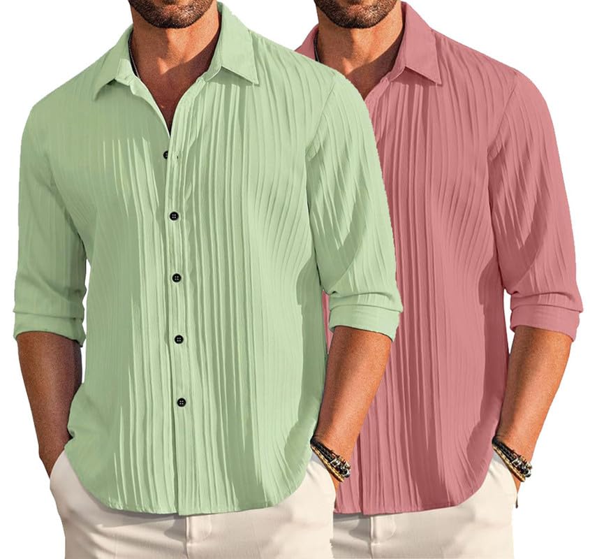 Image of DEELMO Combo of Men's Casual Button Down Shirts Long Sleeve Linen Shirt Fashion Textured Summer Shirts Pack of 2