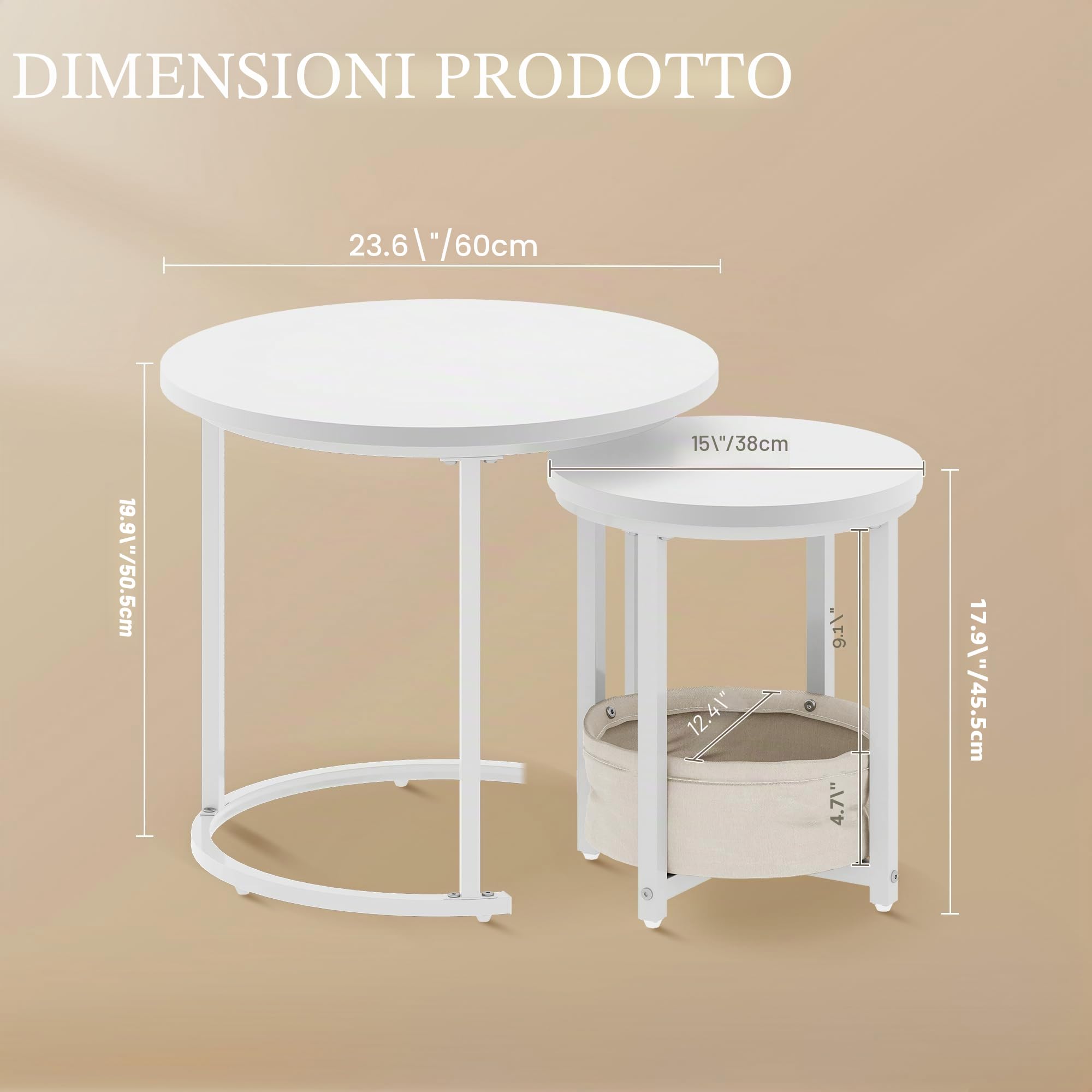 YITAHOME Set di 2 tavolini da salotto, rotondi, moderni, con borsa in tessuto, impilabili, con piano in legno e telaio in metallo, per soggiorno, ufficio, casa