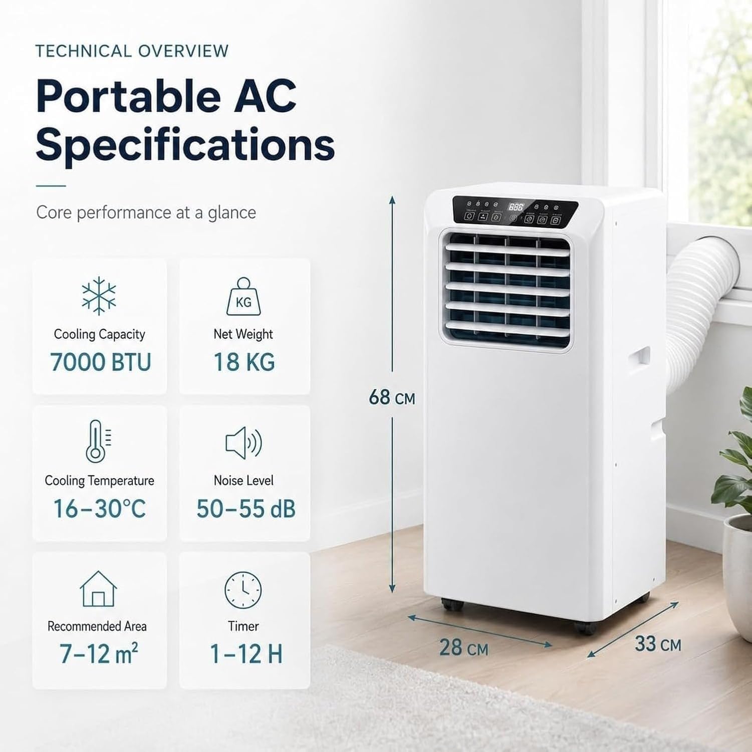 Aire Acondicionado Portátil 9000 BTU 3 en 1 con Deshumidificador, Ventilador y Temporizador de 12 Horas, Control Táctil, Asas Laterales para Habitación, 480 m³, 7000btu, 7000BTU