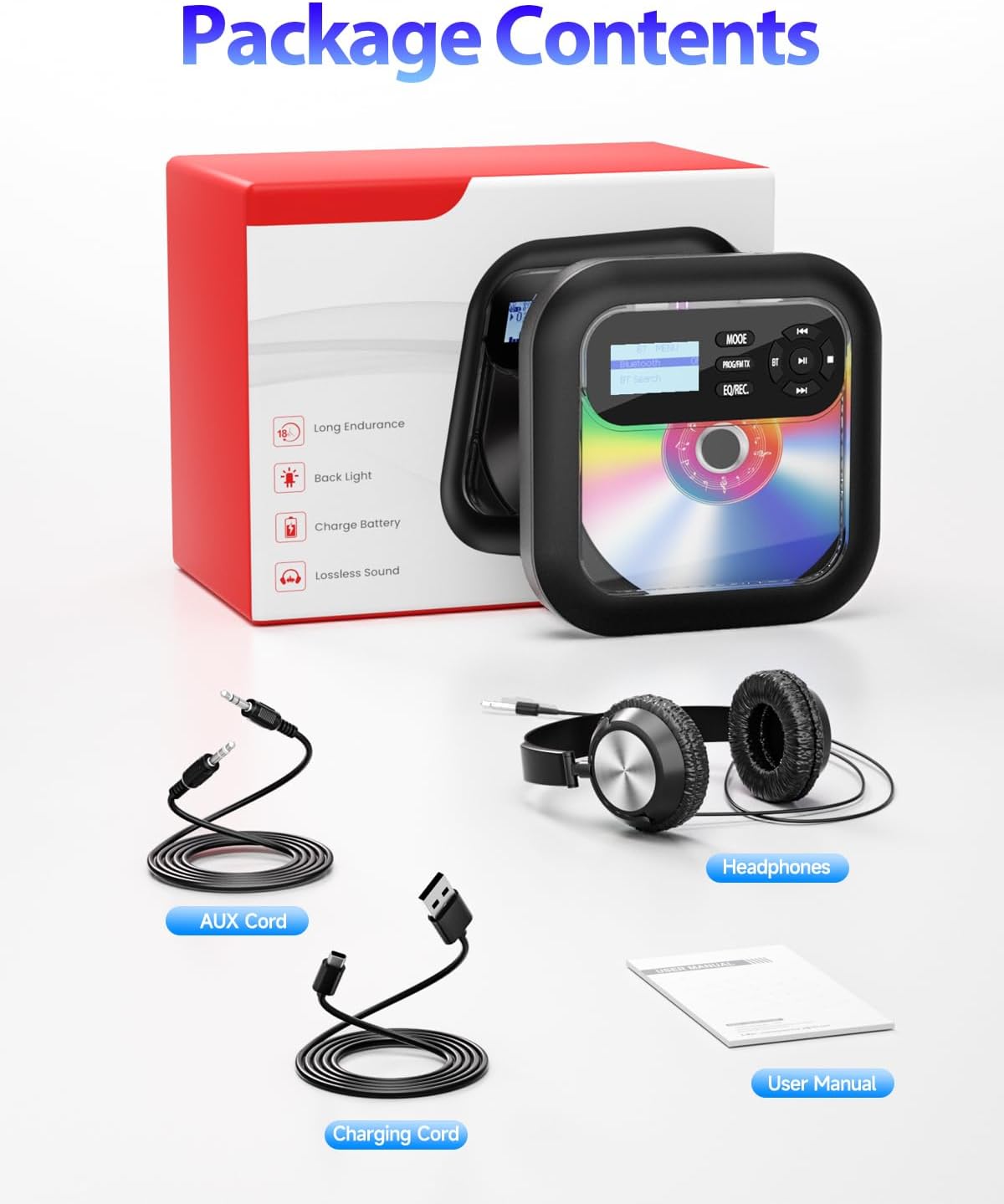 Portable-CD-Player with Bluetooth - Rechargeable with FM Transmitter, Dual Speakers, Headphones and AUX Use for Car Travel Home