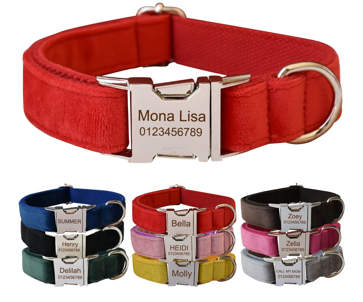 Personalised Dog Collar With Metal Buckle, Customized Pet Collars with Name Phone Number Address Engraved, Velvet Style B — image 1