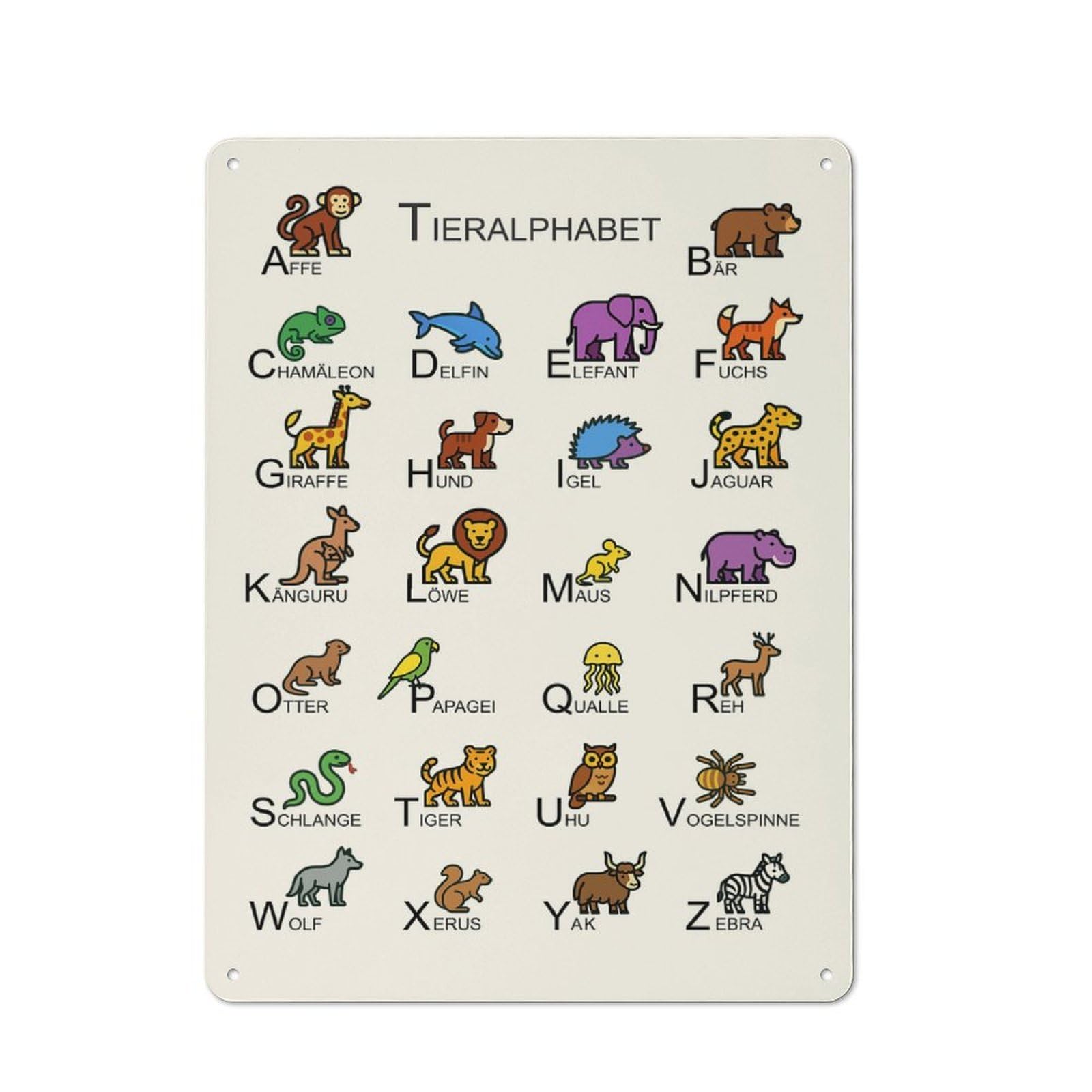 Junmoney Style-14 Retro-Style Tin Sign 40X30cm Featuring Tieralphabet German Animal Alphabet Illustration For Hallway Wall, For Garage, Workshop And Man Cave Decoration