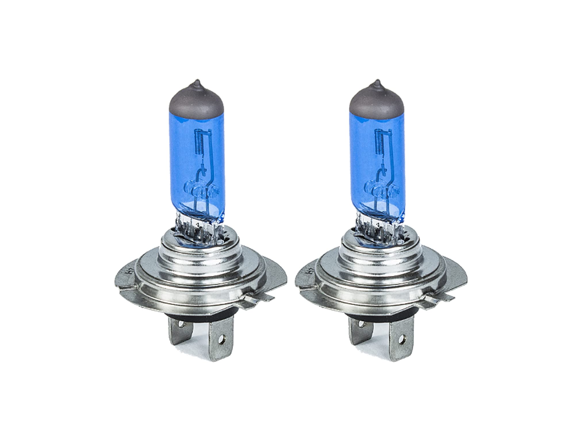 Two RSG H7 Halogen Headlight Bulbs with a close-up of the base connector and a comparison of 5000K super white light output versus standard yellow light.