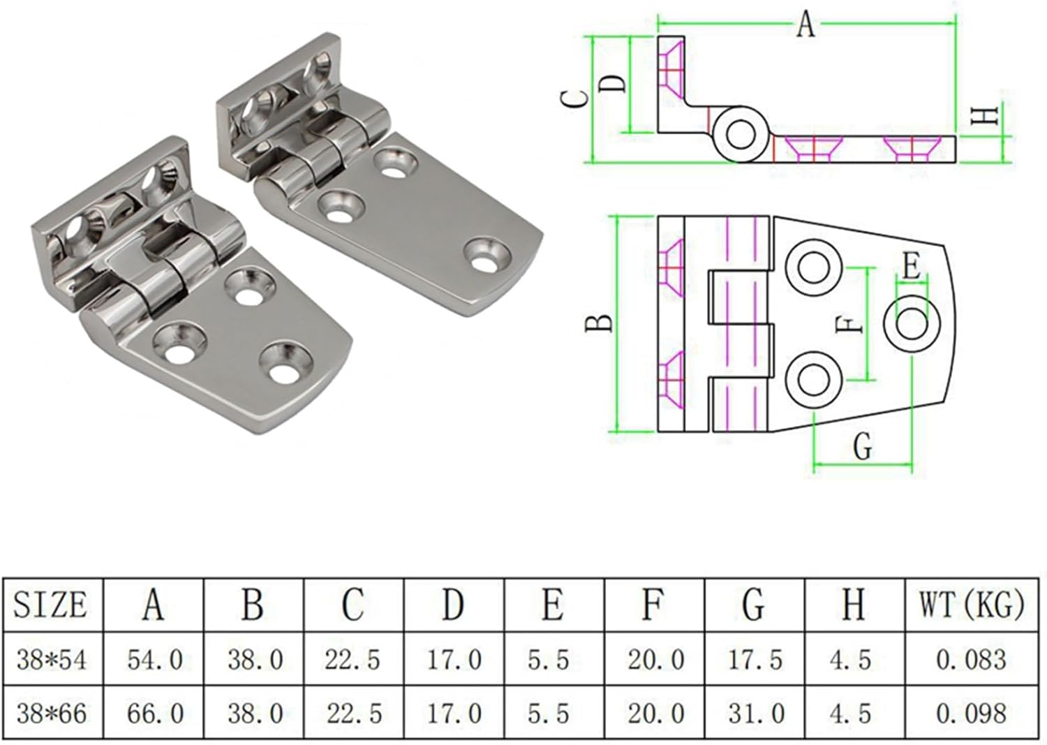 1pc Stainless Steel 316 Hatch Flush Mount Right Angels Boat Hinges with 5 Holes 54mm Marine Yacht Hardware Accessories(38X66mm-2pcs)