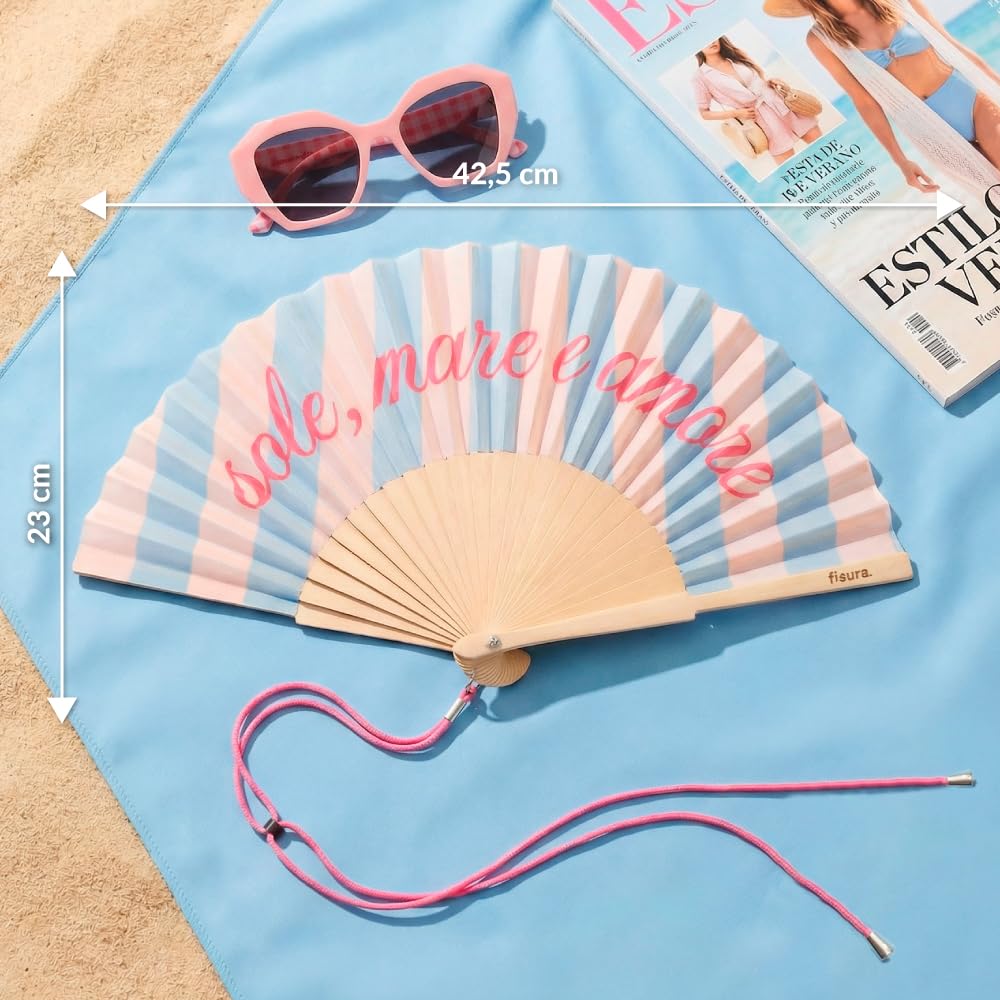Fisura-Wachlarz drewniany z napisem “Sole, mare e amore”, niebieski wachlarz ręczny w paski z zawieszką, wakacyjny dodatek 42,5 x 23 cm