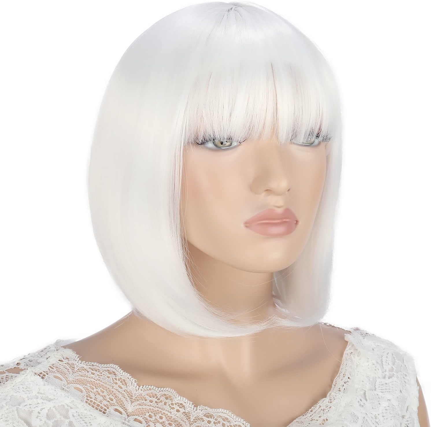 YEESHEDO Women's Short Bob Wigs Straight with Flat Bangs Colorful Hair Cosplay Party Halloween Costume Heat Resistant Replacement Wig for Ladies Synthetic Natural As Real Hair 12"(White) - Image 5