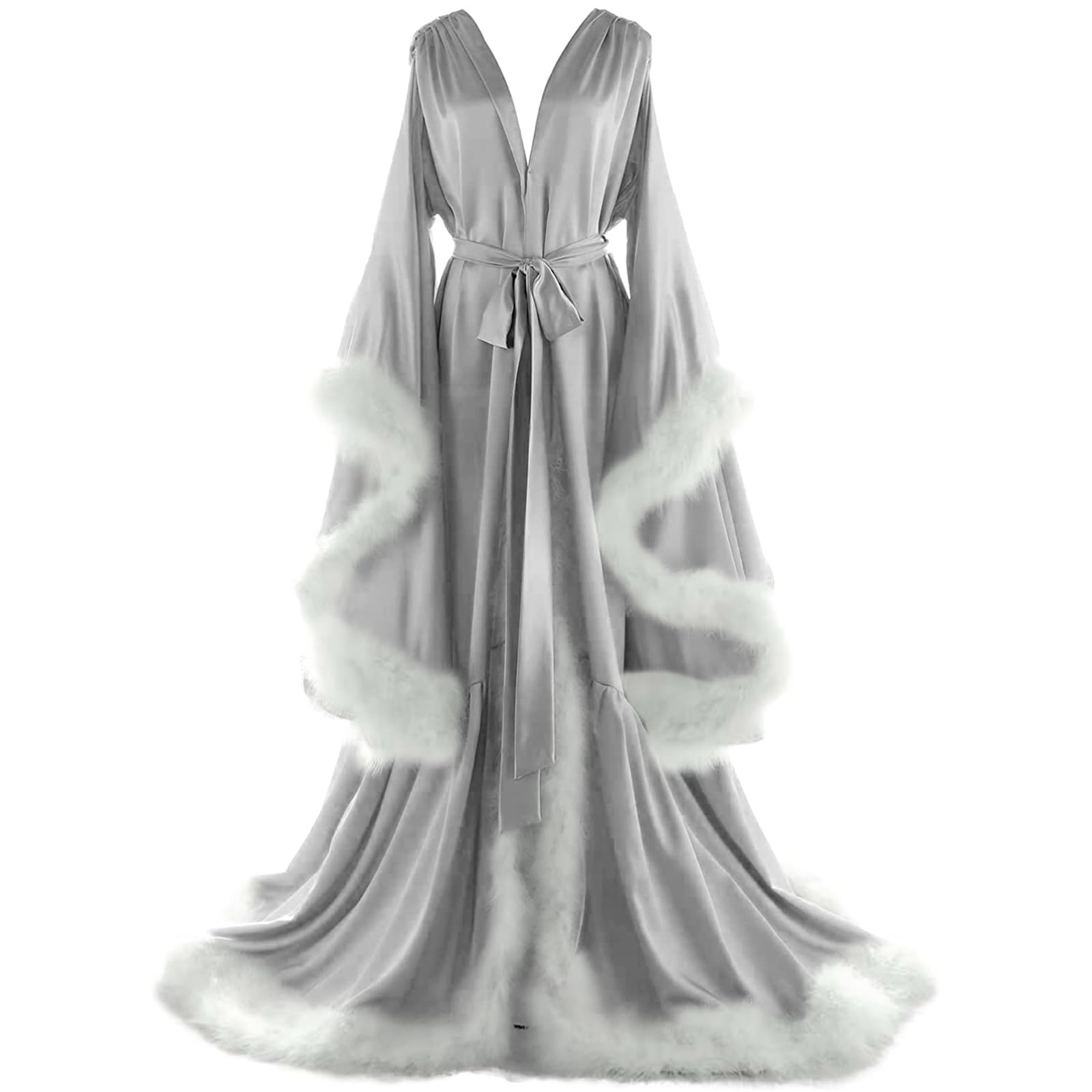 Women's Feather Bridal Robes Old Hollywood Maternity Photoshoot Nightgown Silk Bathrobe Long Lingerie